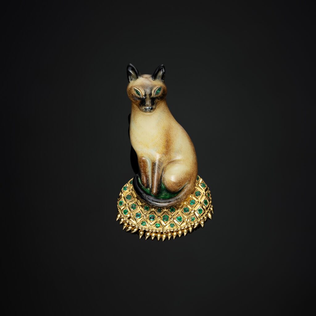 Rene Boivin Enamel and Emerald ‘Chat Siamois’ Brooch, circa 1958