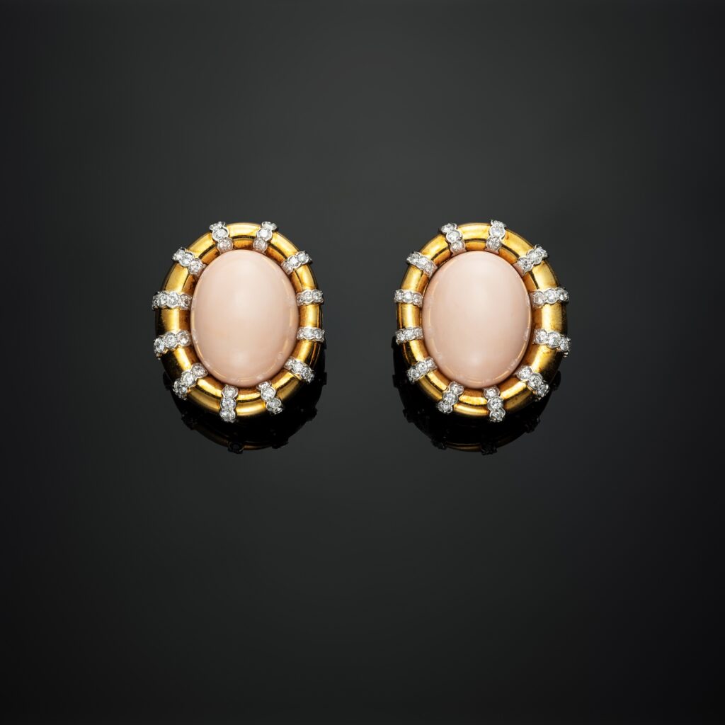 Cartier Coral and Diamond Earrings in 18k Yellow Gold, circa 1950
