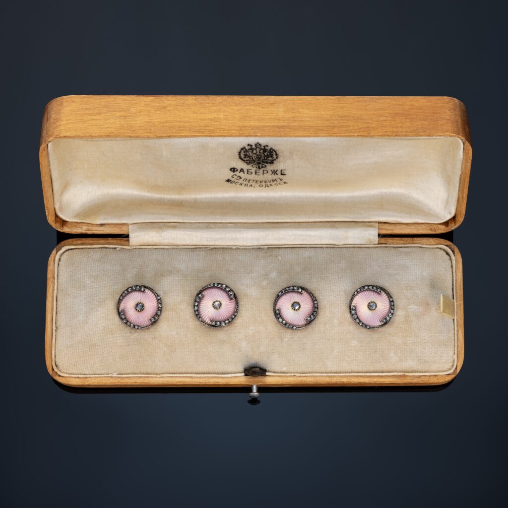 Pair of Fabergé diamond and guilloché enamel cufflinks, circa 1890