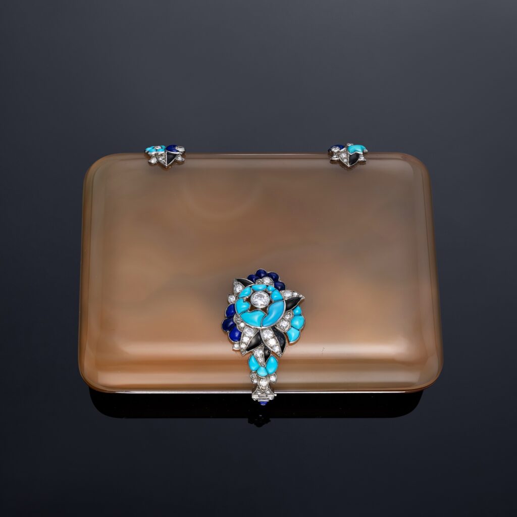 Mauboussin Agate, Turquoise, Lapis Lazuli, Diamond and Onyx Case in Platinum, circa 1929