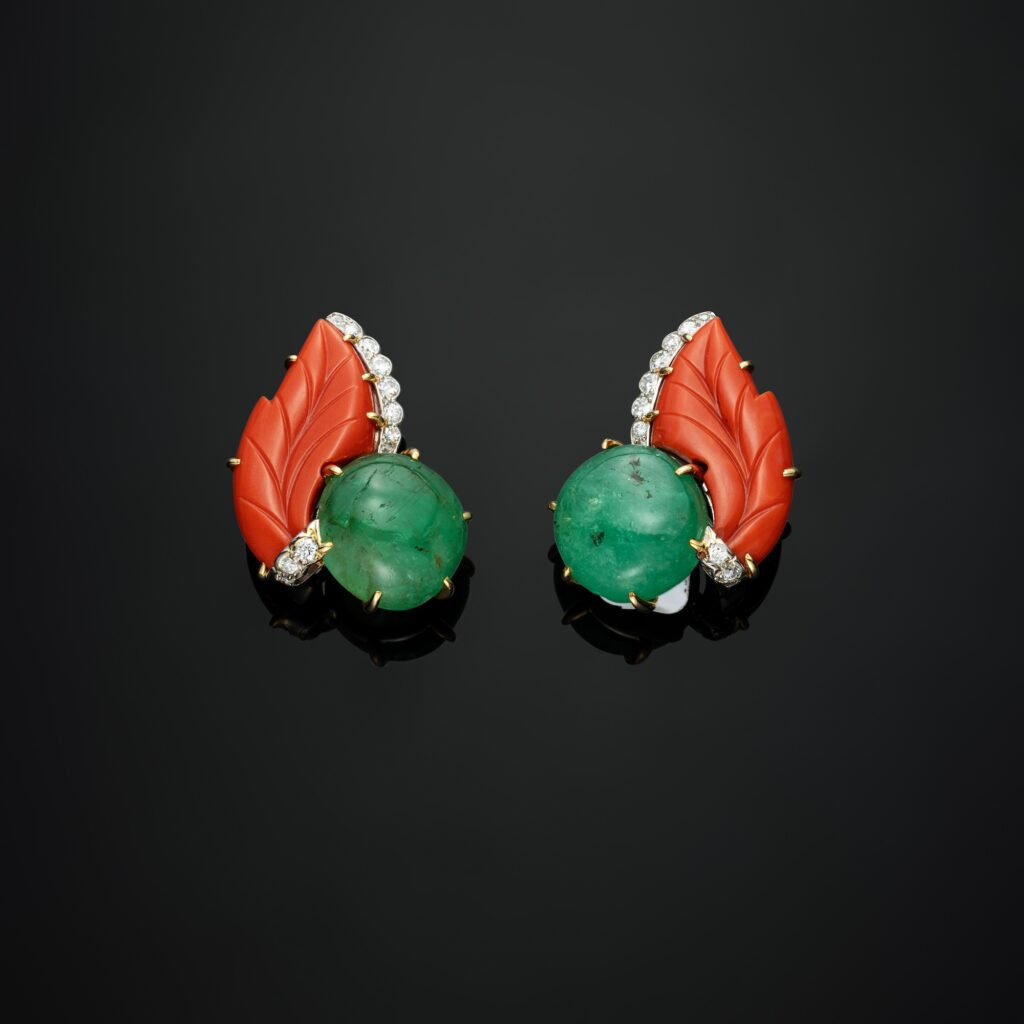 Monture Cartier Emerald, Coral and Diamond Earrings in Platinum and 18k Yellow Gold