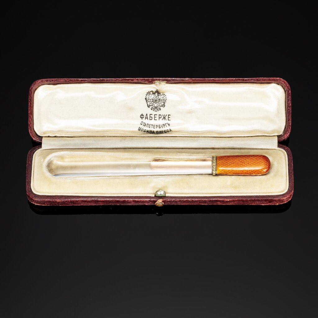 Fabergé Rock Crystal, Guilloché Enamel and Gold Letter Opener and Bookmark, circa 1900