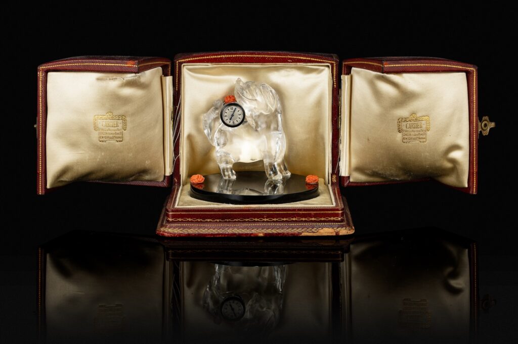 Cartier Art Deco Rock Crystal, Onyx and Coral ‘Foo Dog’ Desk Cock, circa 1920