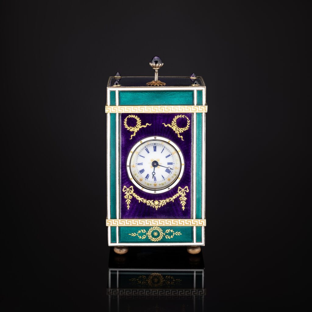 Cartier Enamel and Amethyst Quarter Repeating Desk Timepiece, circa 1907