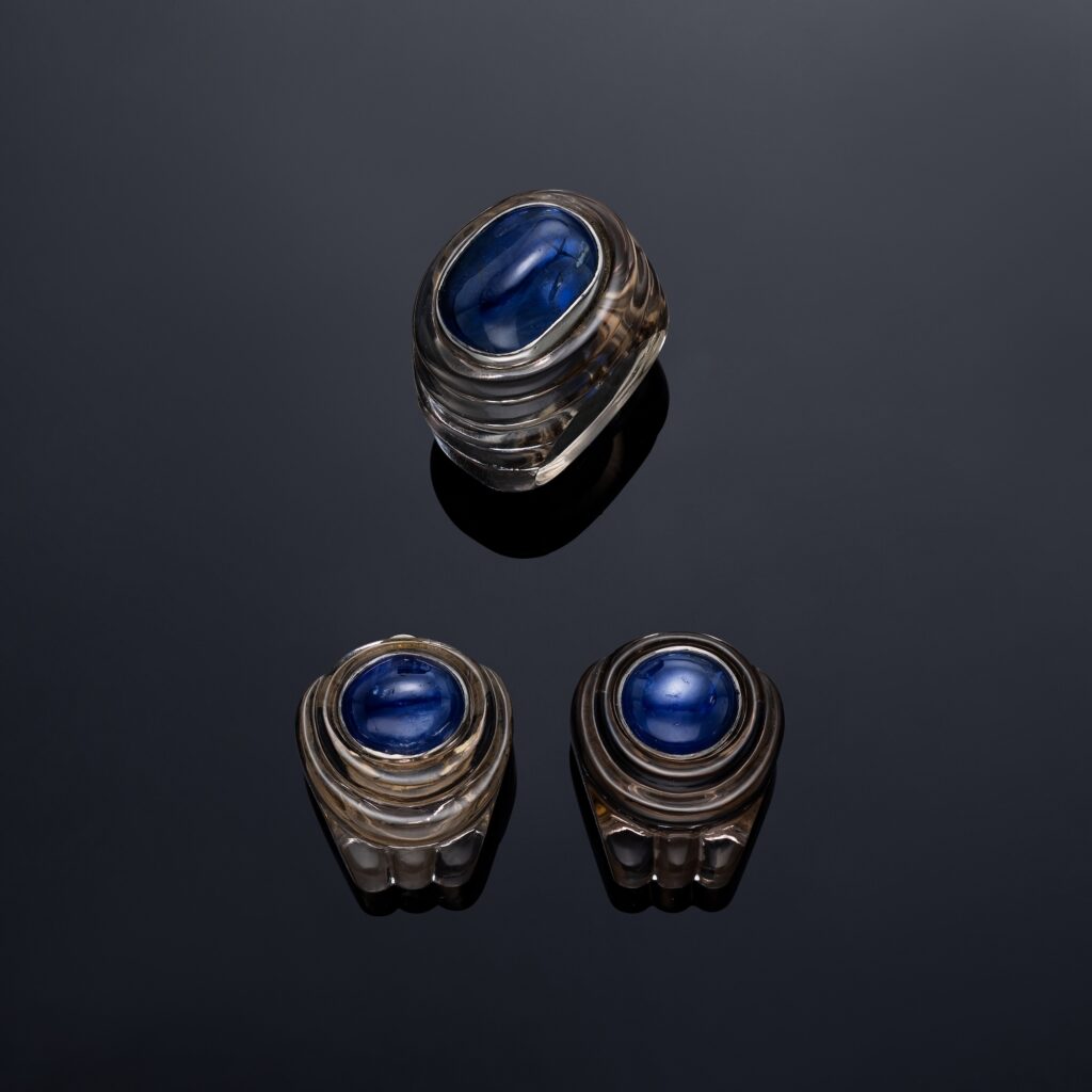 Belperron Smoky Quartz and Sapphire Ring and Earrings in 18k White Gold