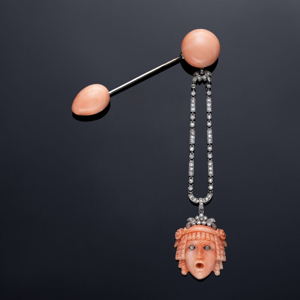 Cartier Art Deco Coral and Diamond Jabot Pin in Platinum, circa 1926