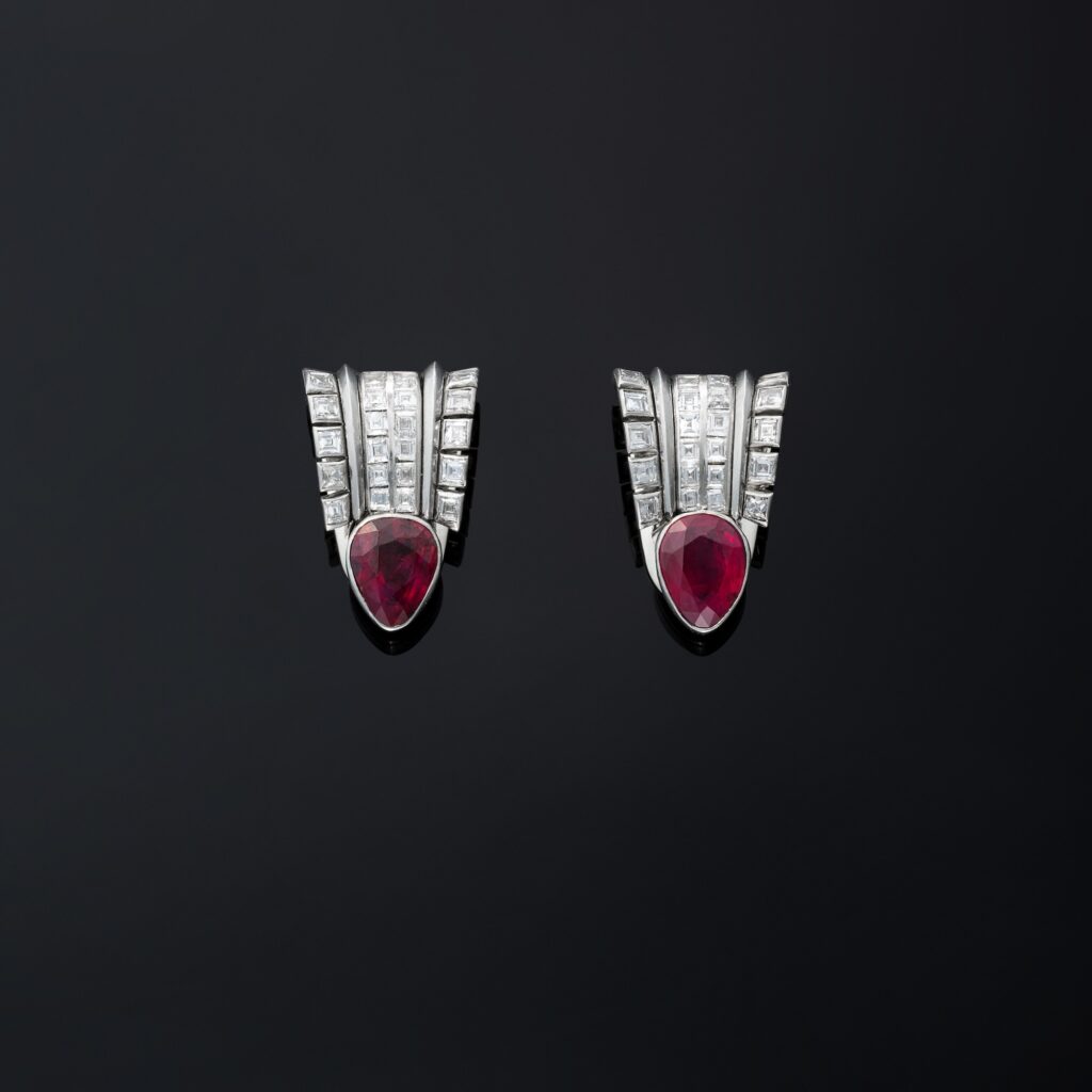 Suzanne Belperron 2.03 & 1.98ct Burmese Unheated Ruby and Diamond Earrings in 18k White Gold and Platinum