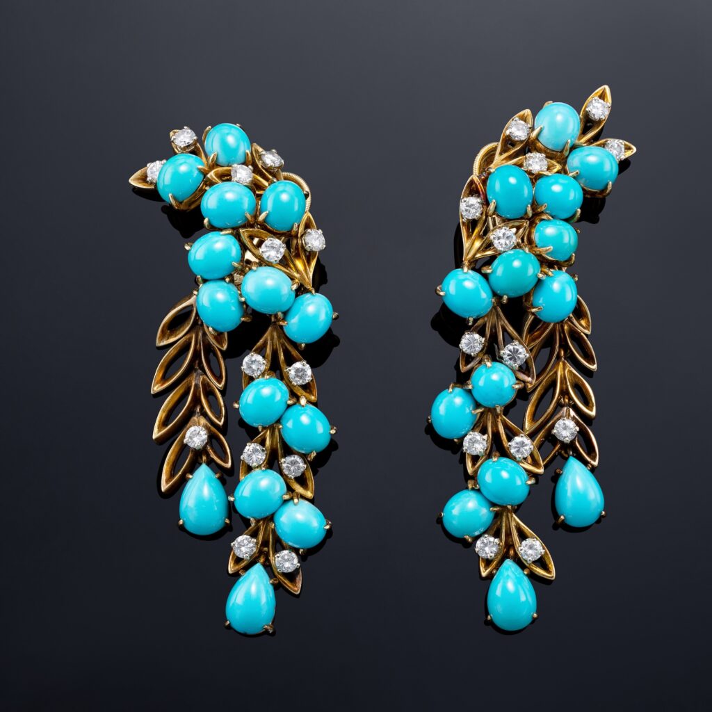 Turquoise and Diamond Earrings in 18k Yellow Gold