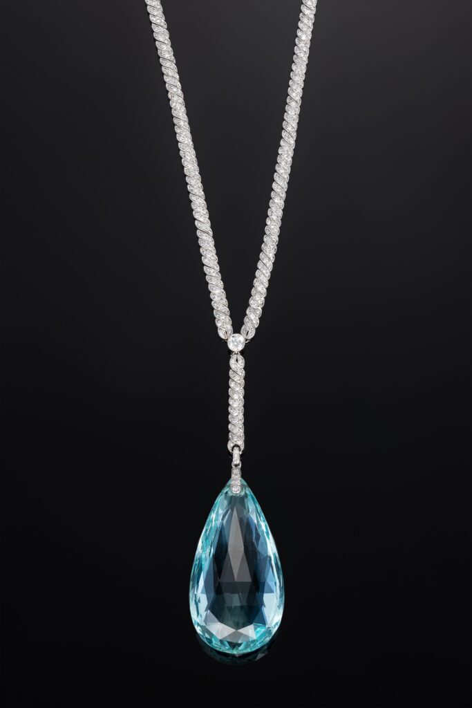 Janesich Art Deco Aquamarine and Diamond Pendent Necklace in Platinum