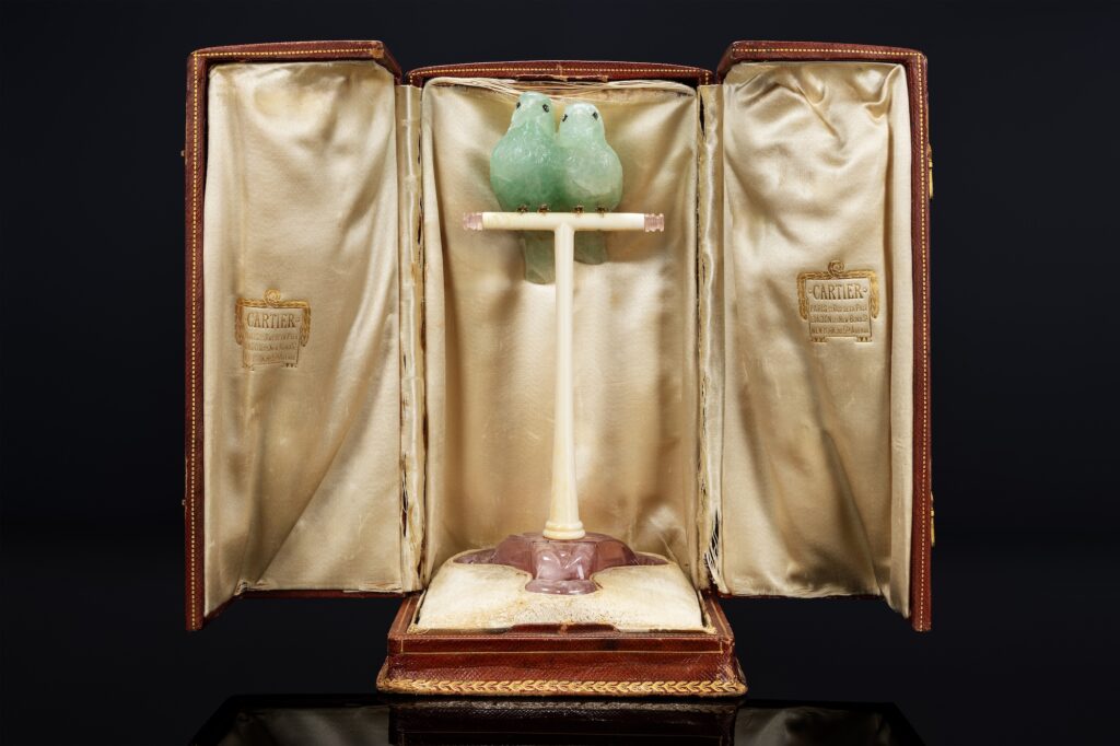 Cartier Fluorite, Rose Quartz and Diamond ‘Lovebirds’ Carving, circa 1910
