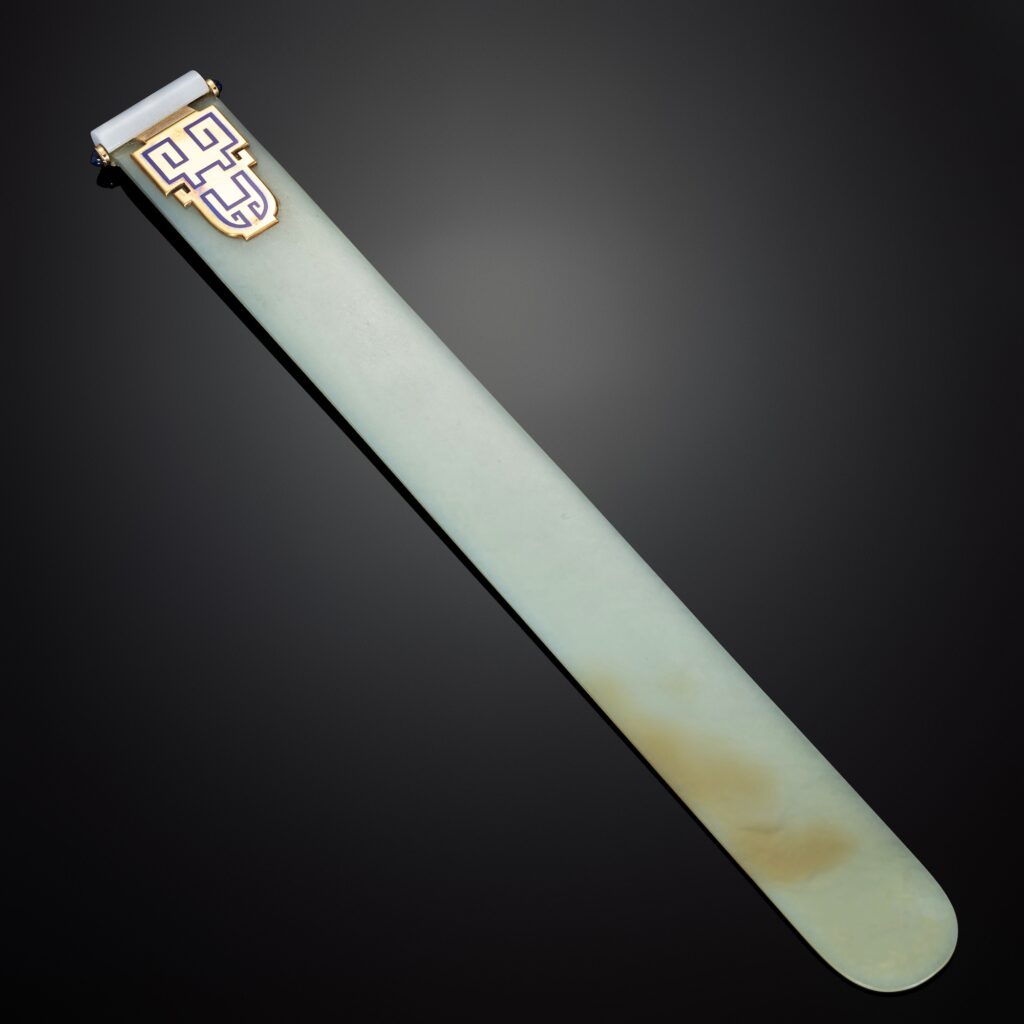 Cartier Jade, Enamel and Sapphire Bookmark in 14k Yellow Gold, circa 1925