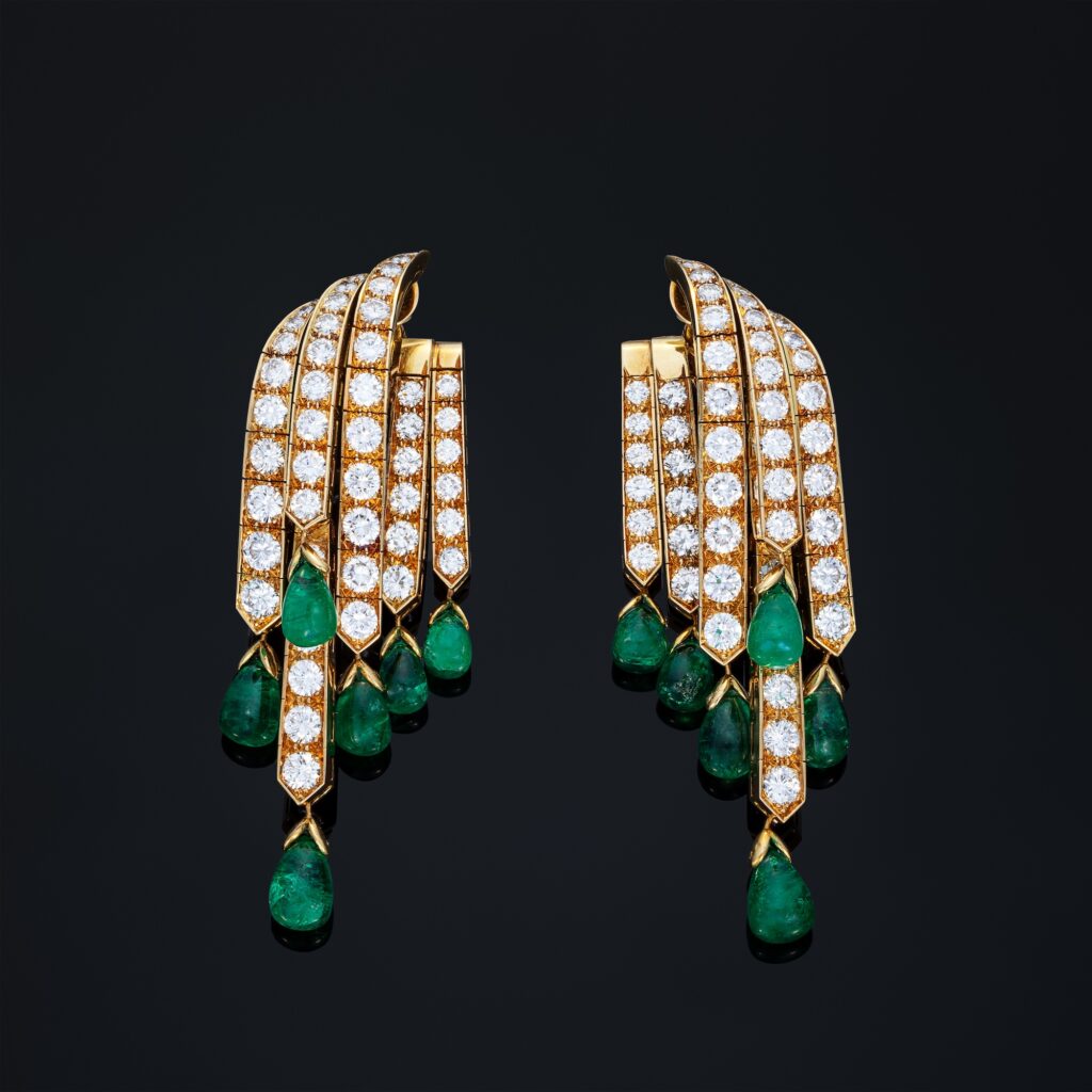 Boucheron Emerald and Diamond Earrings in 18k Yellow Gold, circa 1960