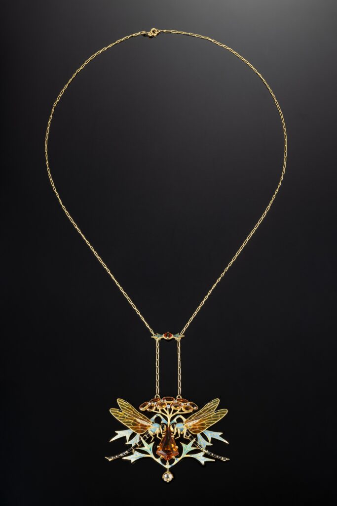 Henri Dubret Art Nouveau Plique-a-Jour, Citrine, Diamond and Enamel Necklace in 18k Yellow Gold
