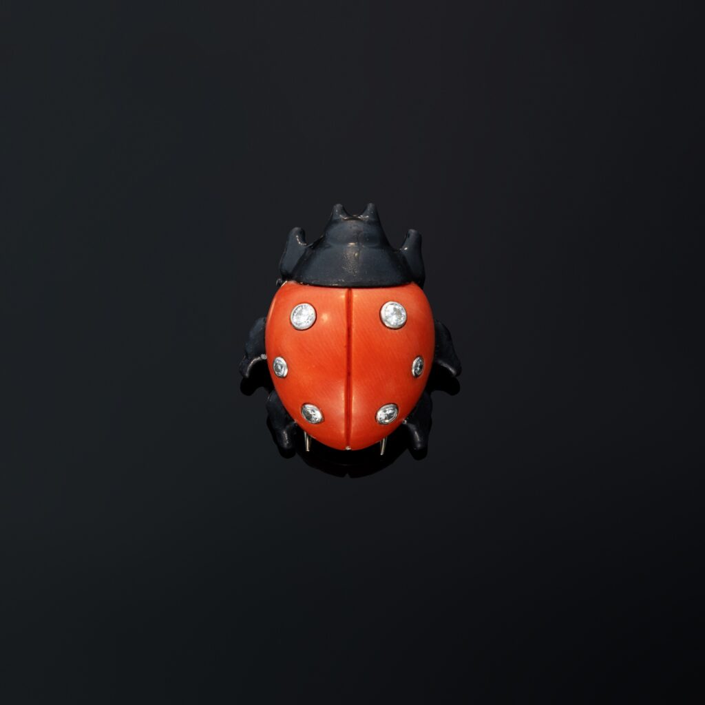 Cartier Coral, Enamel and Diamond ‘Ladybug’ Clip in Platinum and 18k White Gold, circa 1960