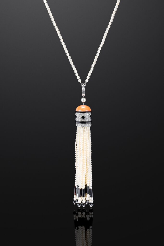 Cartier Art Deco Natural Pearl, Coral, Onyx and Diamond Sautoir in Platinum