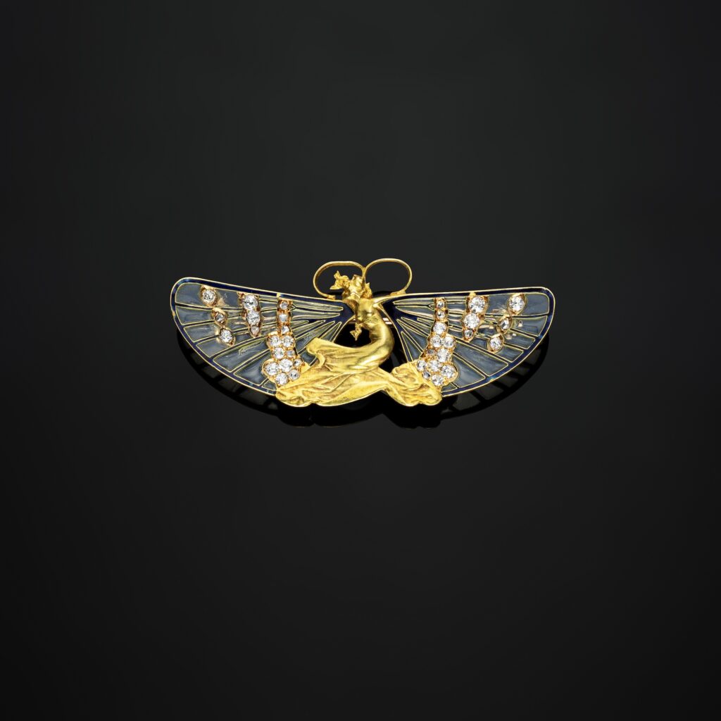 René Lalique Plique-à-jour Enamel and Diamond ‘Winged Woman’ Brooch in 18k Yellow Gold, circa 1900