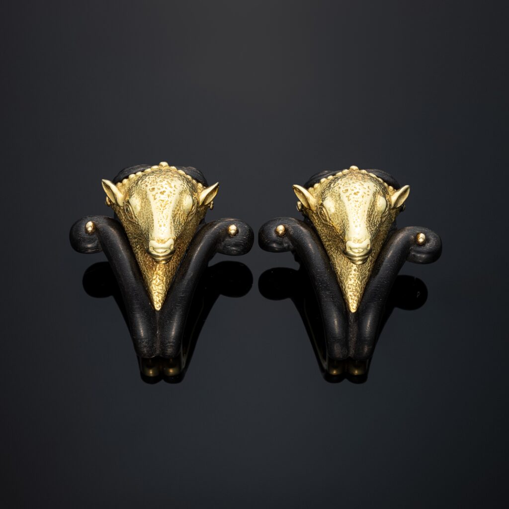 Van Cleef and Arpels (VCA) Horn ‘Ram’ Bangle and Ebony Ring, in 18k yellow gold; and an unsign pair of Ebony Earrings; circa 1970