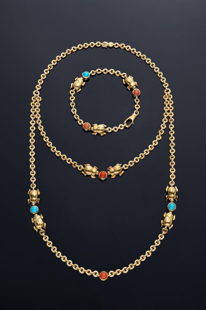 Cartier Turquoise and Coral ‘Scarab’ Demi-Parure in 18k Yellow Gold, circa 1970