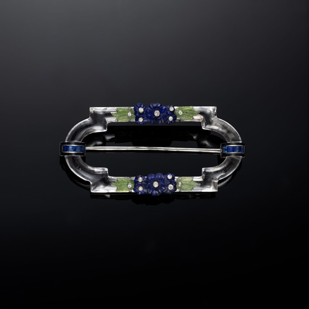 Tiffany & Co. Art Deco Rock Crystal, Diamond and Sapphire Brooch in Platinum