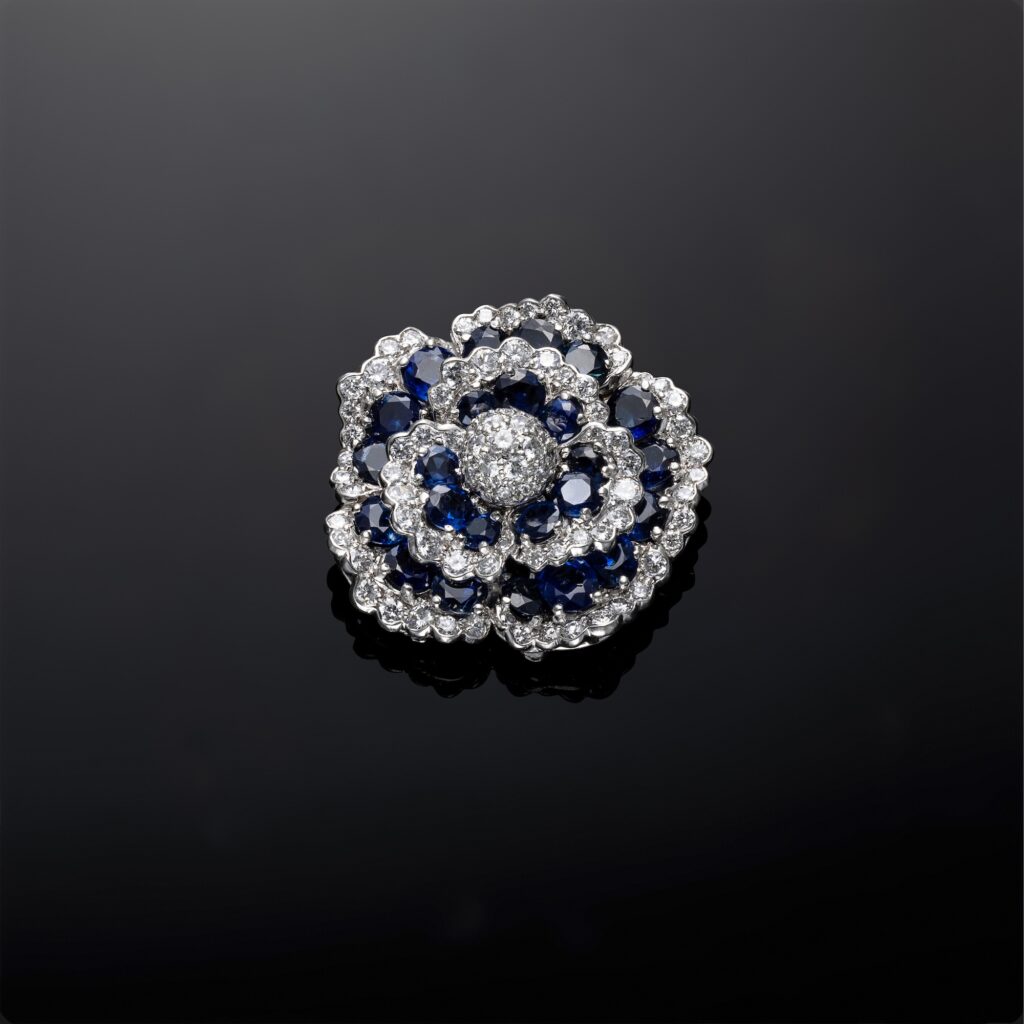 Van Cleef & Arpels (VCA) Sapphire and Diamond ‘Camellia’ Brooch in Platinum