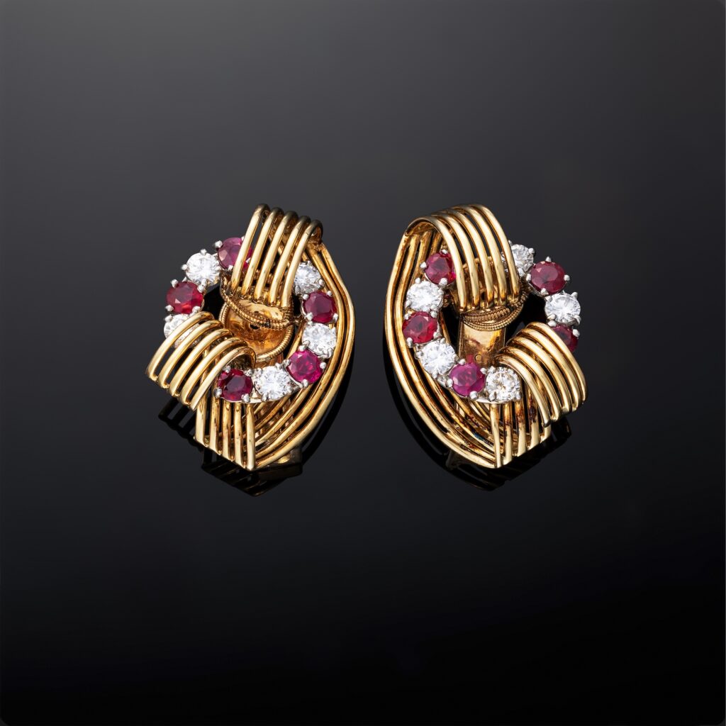 Cartier Ruby and Diamond Earrings in 18k Yellow Gold and Platinum, circa 1940