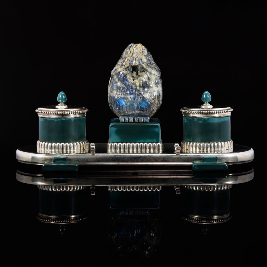 Cartier Art Deco Hardstone ‘Owl’, Enamel, and Silver Inkwell